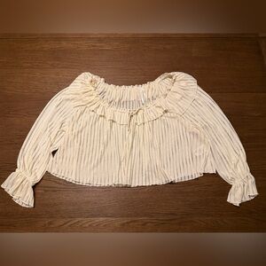 Anthropologie Long Sleeve Sheer Off-Shoulder Striped Crop Blouse Ivory